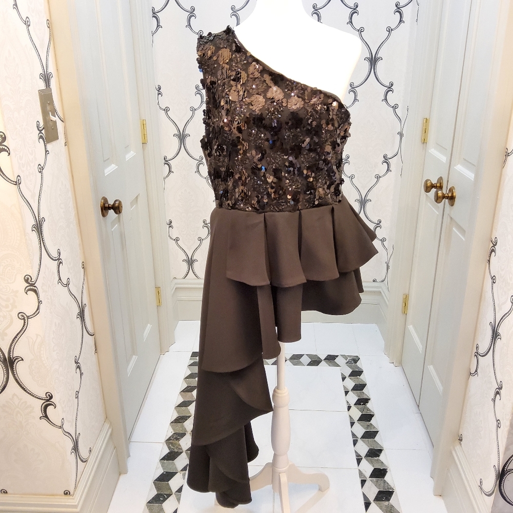 One Shoulder Black Sequins Top. Size Large
